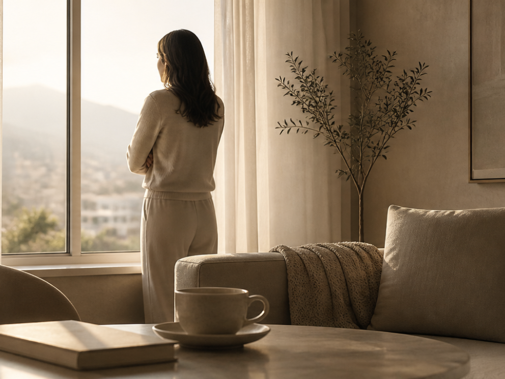 Mujer mirando contemplativamente por la ventana
